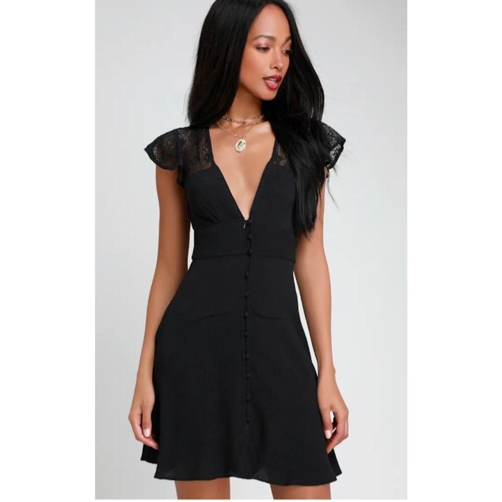 New Free People Carolina Black Lace Mini Button Front Sun Dress Women's Sz Small